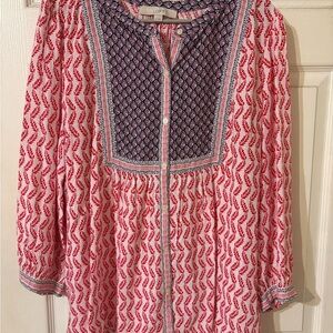 LOFT Navy and Coral Geometric Blouse